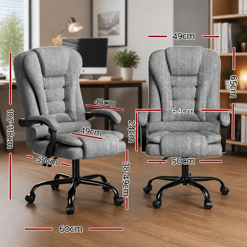 Executive Office Chair Linen Fabric Grey Ergonomic 4-Point Massage Adjustable Recline Swivel