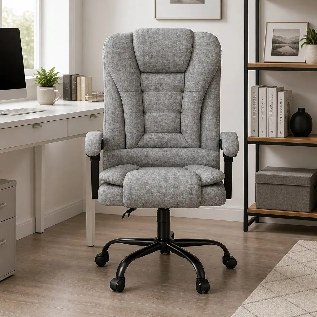 Executive Office Chair Linen Fabric Grey Ergonomic 4-Point Massage Adjustable Recline Swivel