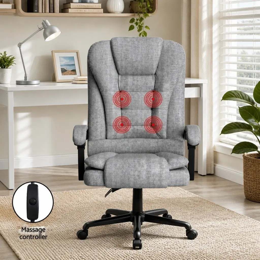 Executive Office Chair Linen Fabric Grey Ergonomic 4-Point Massage Adjustable Recline Swivel