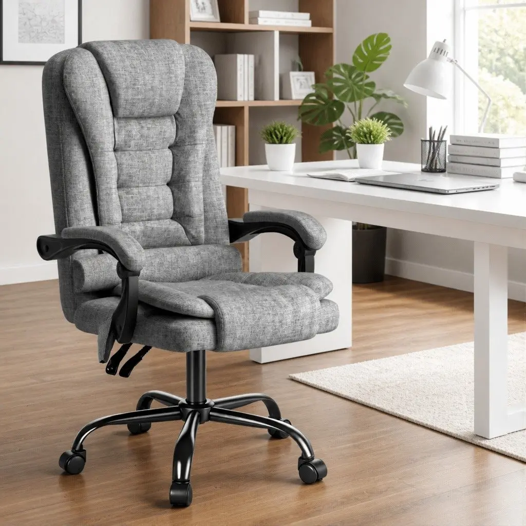 Executive Office Chair Linen Fabric Grey Ergonomic 4-Point Massage Adjustable Recline Swivel
