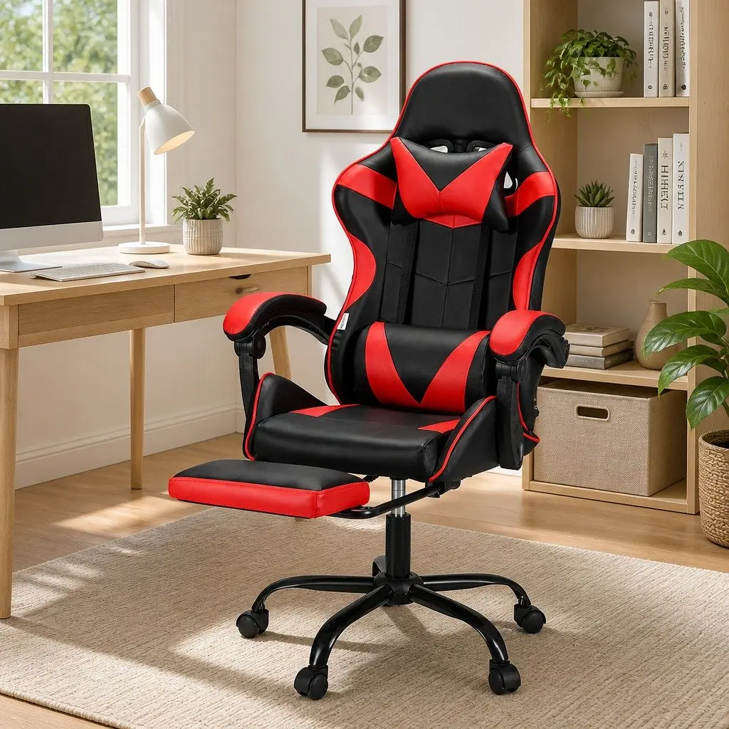 Massage Chair PVC Leather Ergonomic Reclining Red Black