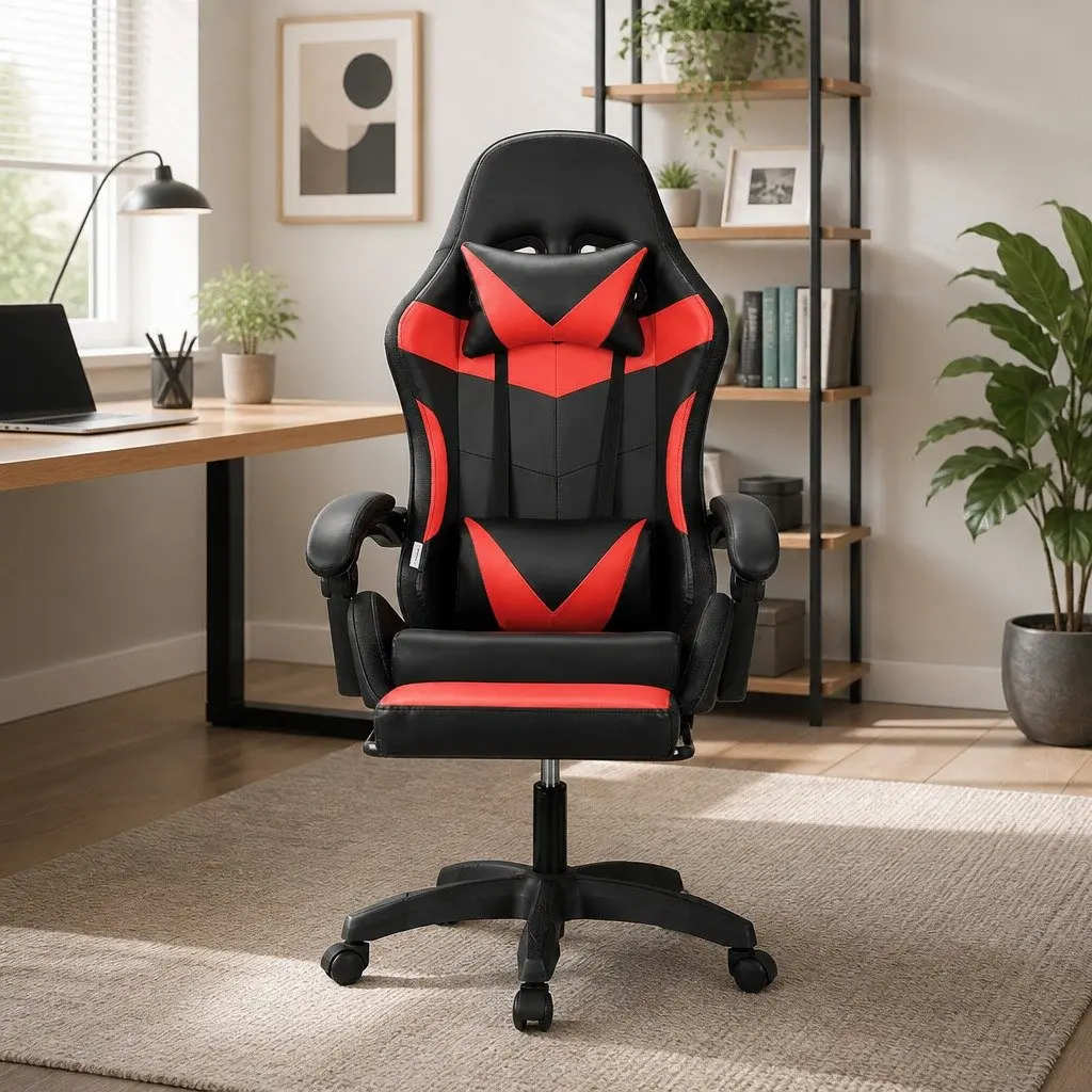 Massage Chair PU Leather Ergonomic 6 Point Vibration Red Black