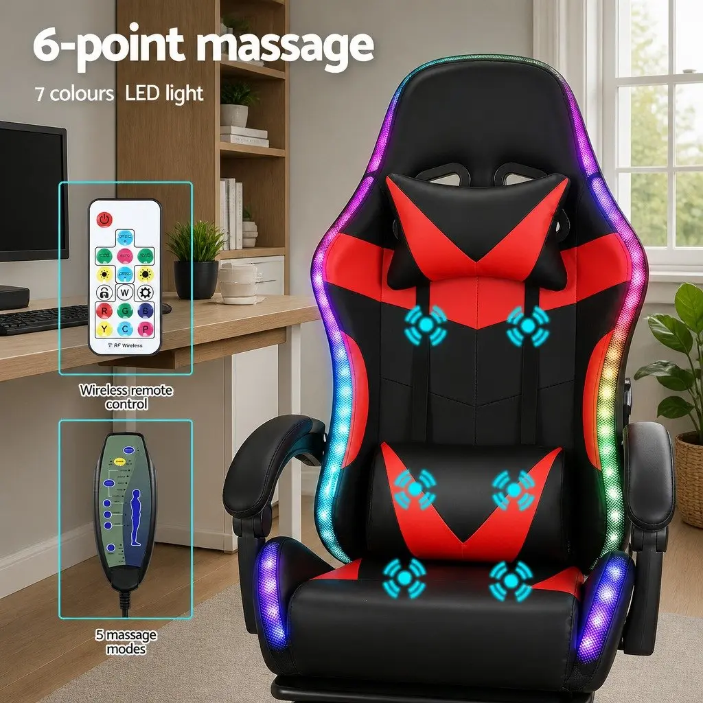 Massage Chair PU Leather Ergonomic 6 Point Vibration Red Black