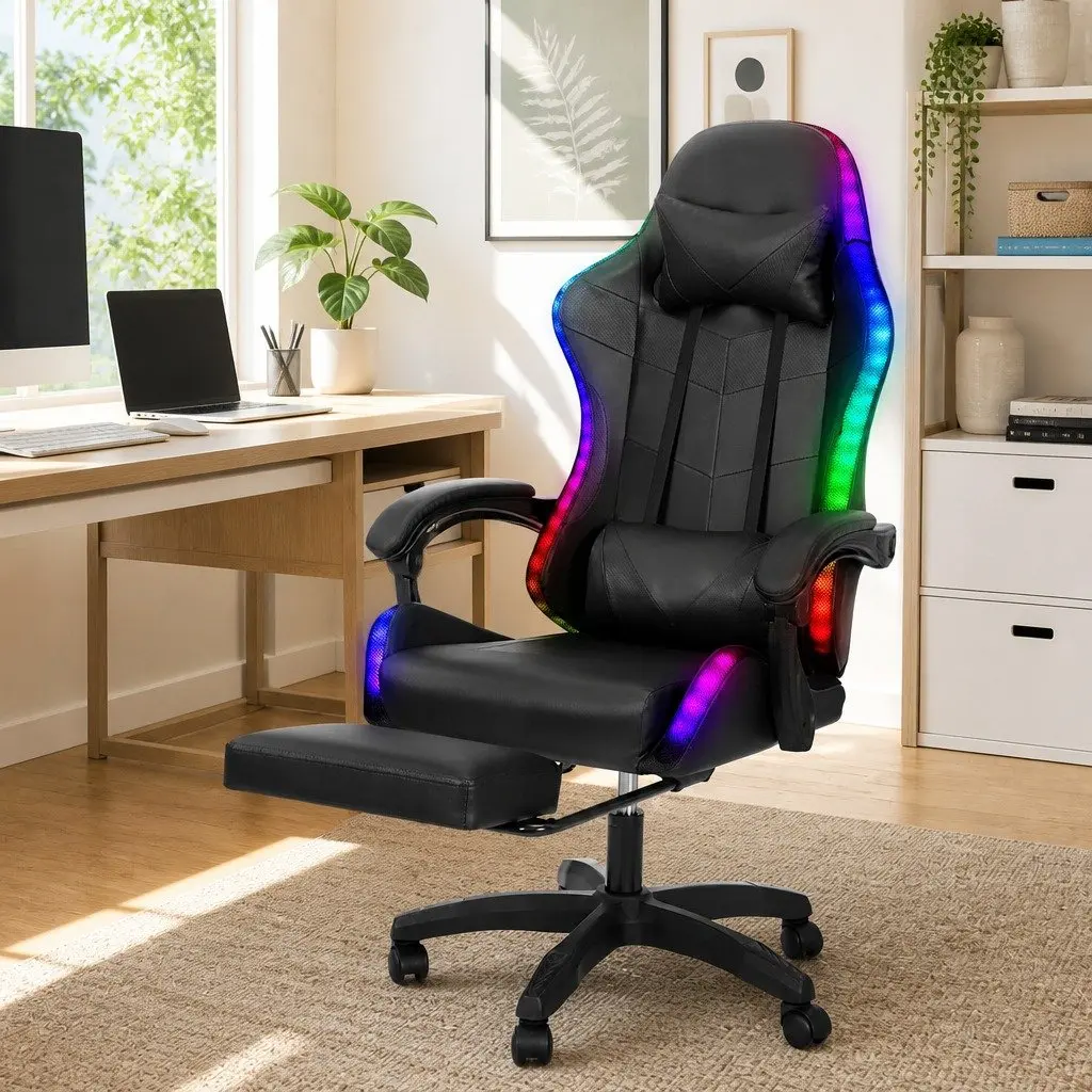 Massage Chair PU Leather Black 6 Point Vibration 7 LED Footrest Recliner