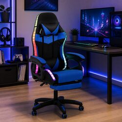 Gaming Office Chair 12 RGB LED Massage Computer Work Seat Footrest Blue Black