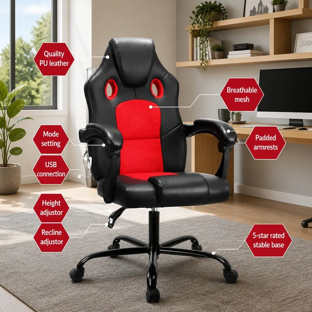 Massage Chair PU Leather High Back Black Red