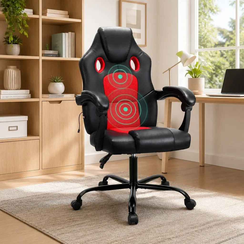 Massage Chair PU Leather High Back Black Red