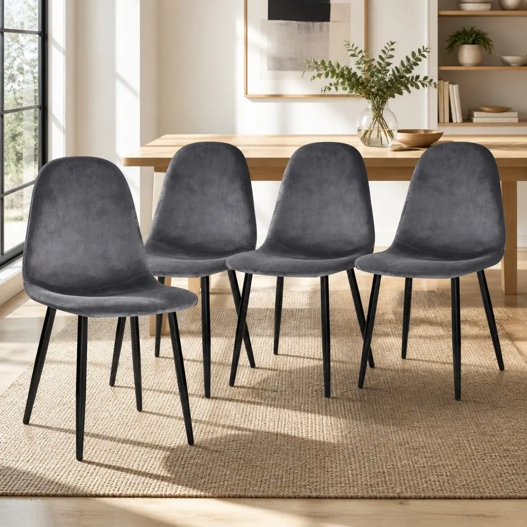 Dining Chairs Velvet Dark Grey 4 Piece Curved Slope Seat Modern Kitchen