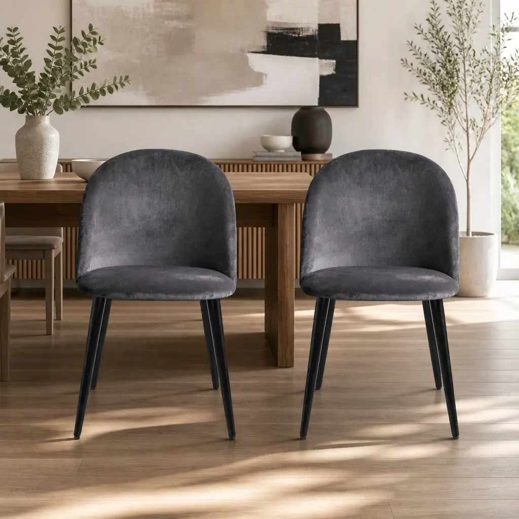 Set of 4 Black Velvet Dining Chairs with Iron Legs
