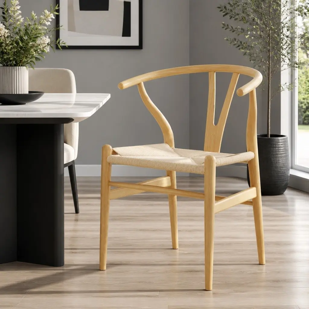 Dining Chair Wooden Frame Rattan Seat Wishbone Back Rest Kitchen Furniture