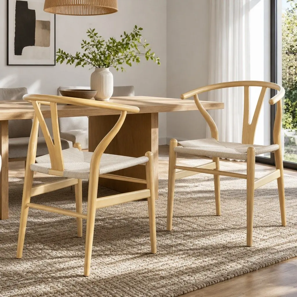 Dining Chairs Wooden Frame Wishbone Back Oak 2 Piece