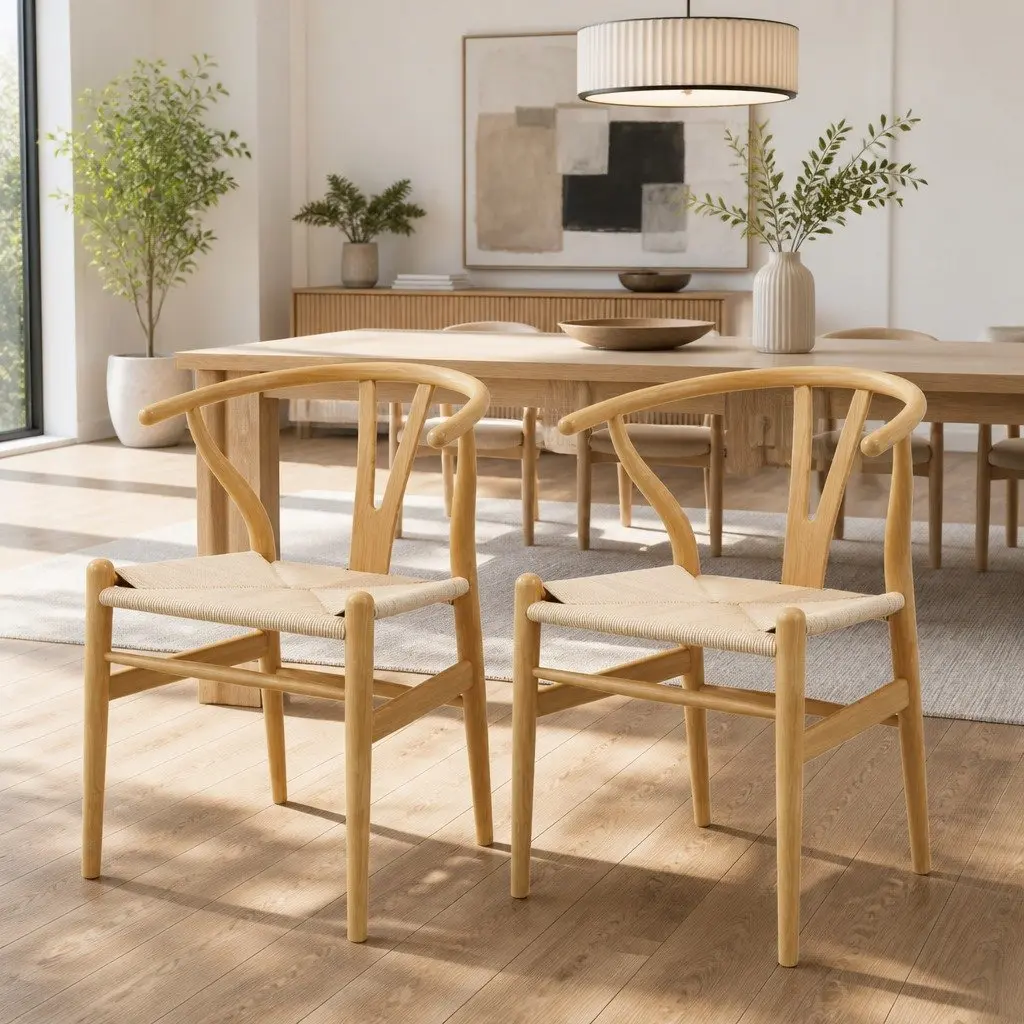 Dining Chairs Wooden Frame Wishbone Back Oak 2 Piece