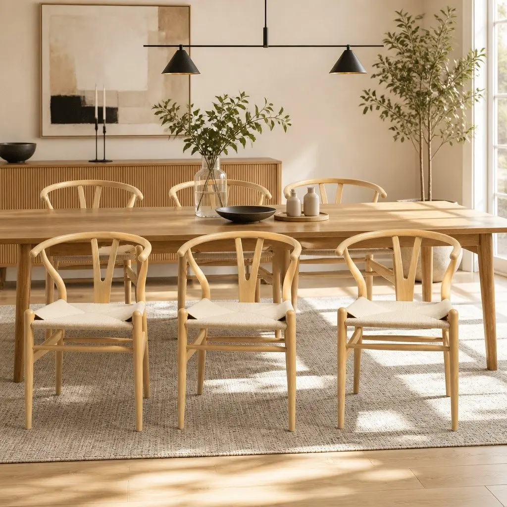 Set of 6 Wooden Dining Chairs with Wishbone Backrest