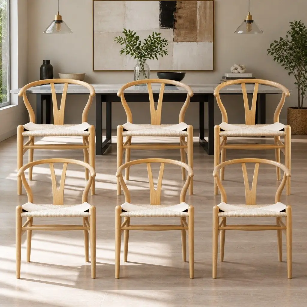 Set of 6 Wooden Dining Chairs with Wishbone Backrest