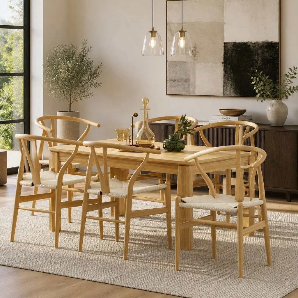 Set of 6 Wooden Dining Chairs with Wishbone Backrest