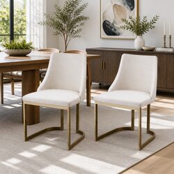 Beige Linen Fabric Dining Chairs Set of 2 with Metal Legs