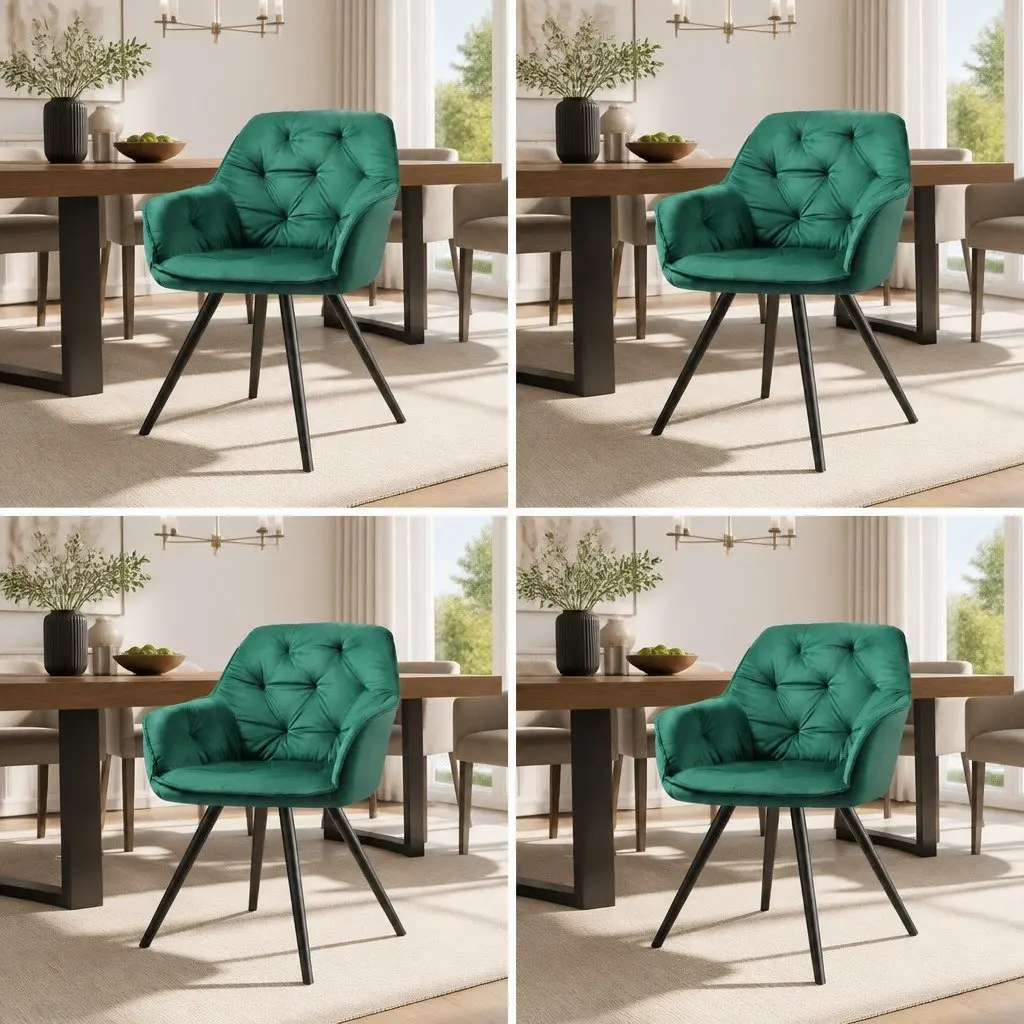 Set of 4 Green Velvet Armchairs with Diamond Tufting