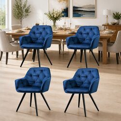 Navy Blue Velvet Armchairs Set of 4 with Steel Legs