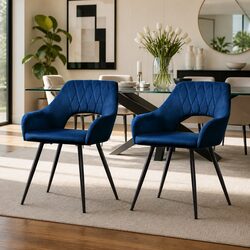 Velvet Bucket Seat Dining Chairs Set of 2 in Navy Blue