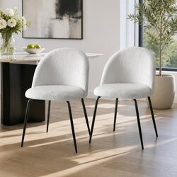 Set of 2 Winged Backrest Dining Chairs in White Sherpa