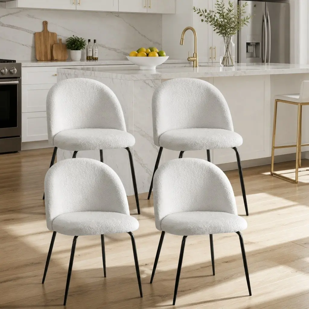 Set of 4 White Sherpa Boucle Dining Chairs with Steel Legs