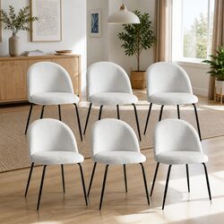 Dining Chairs Set of 6 White Sherpa Boucle Winged Backrest Kitchen Furniture