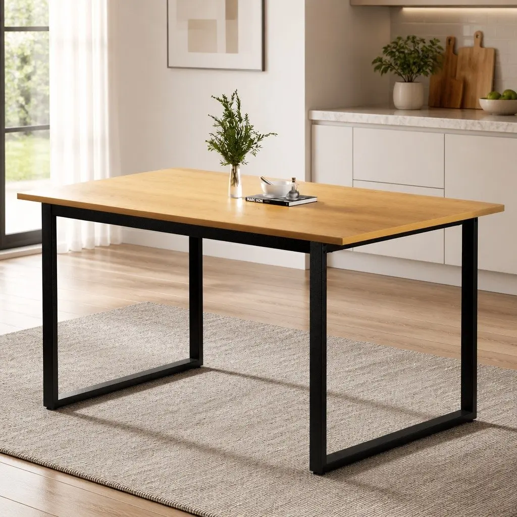 Dining Table Particle Board Metal 150cm Pine Black Rectangular