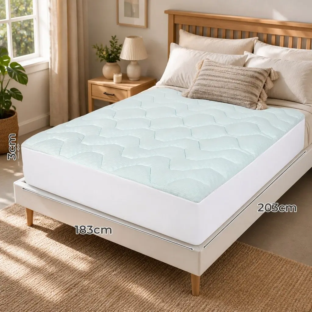 King Mattress Topper Memory Foam 30D Bamboo Cover Cooling White and Blue