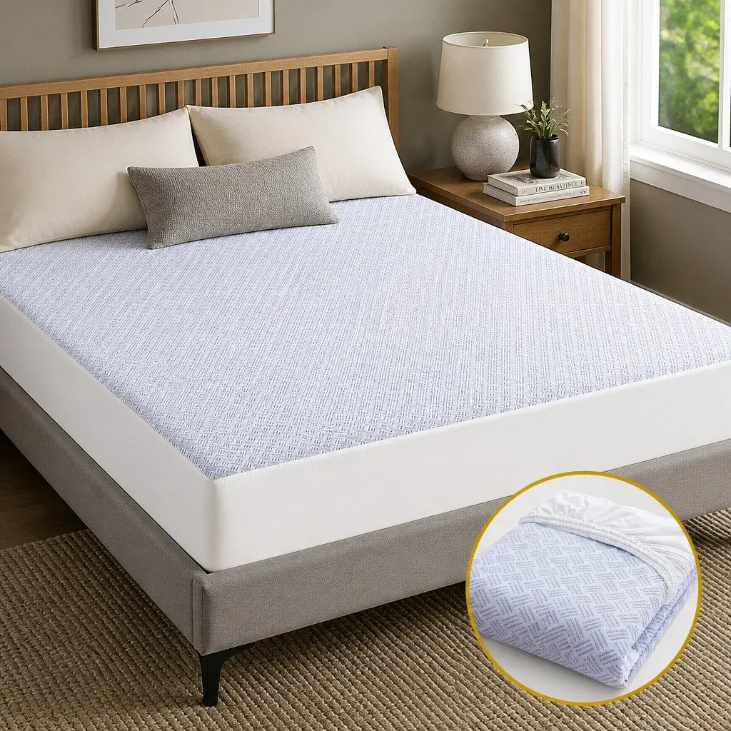 Mattress Protector Waterproof Deep Pocket Fitted Cover 200gsm PE Cool-Sense Air Layer Fabric Double Size Blue