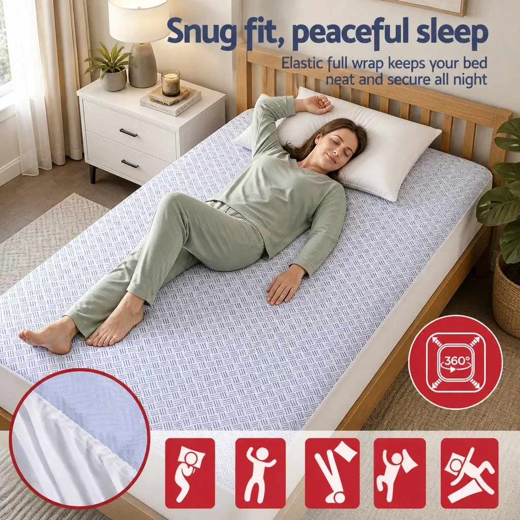 Cooling Mattress Protector Waterproof 200gsm PE Cool-Sense Air Layer King Single Blue Deep Pocket Fitted Skirt