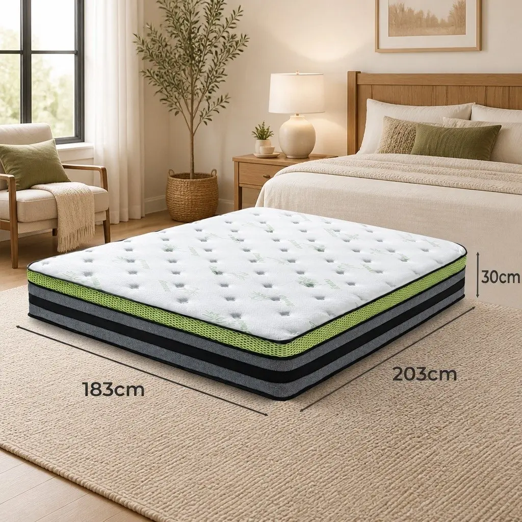 Pocket Spring Mattress Cool Gel Memory Foam Medium-Firm King Size White Grey Green