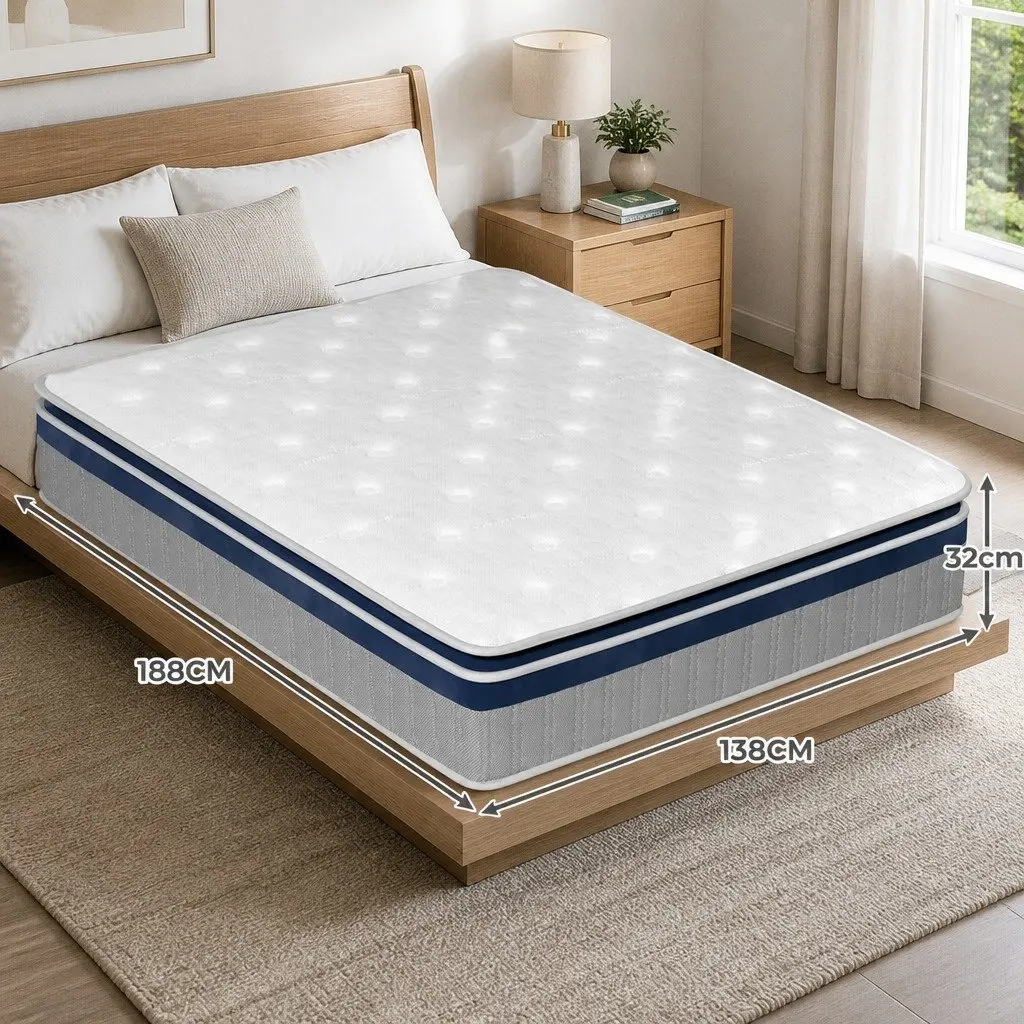 Double Spring Mattress Pillow Top 32cm Pocket Coil Bed Foam Support