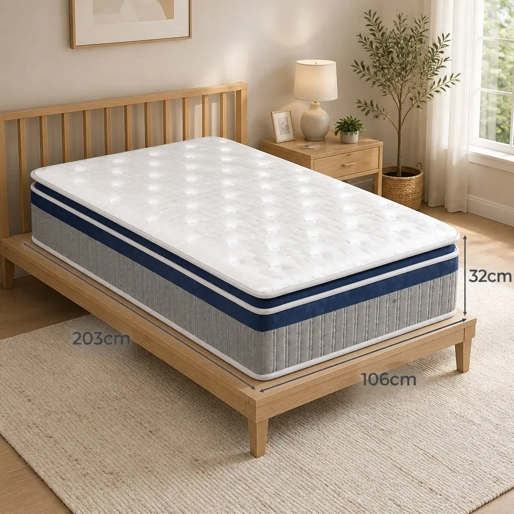 King Single Spring Mattress Pillow Top 32cm Pocket Coil Bed Support System