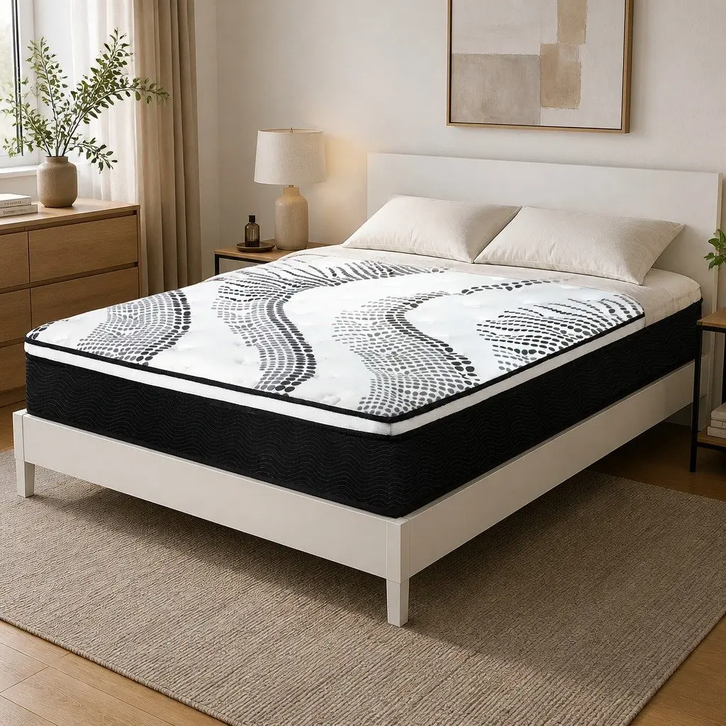 Pocket Spring Mattress Hybrid Foam King Medium Firm 32cm White Black