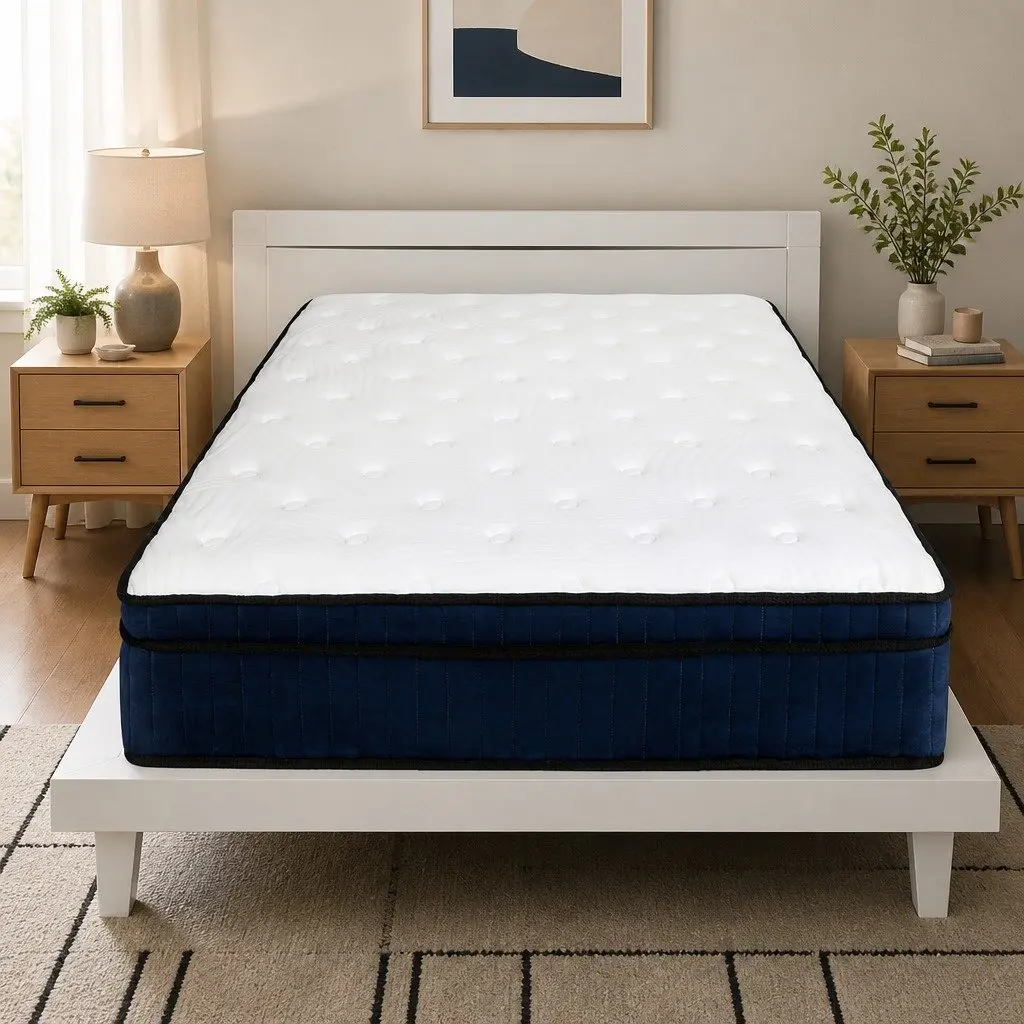 Mattress Hybrid Foam 34cm King Single 7 Zone Pocket Spring Orthopedic Support White Blue