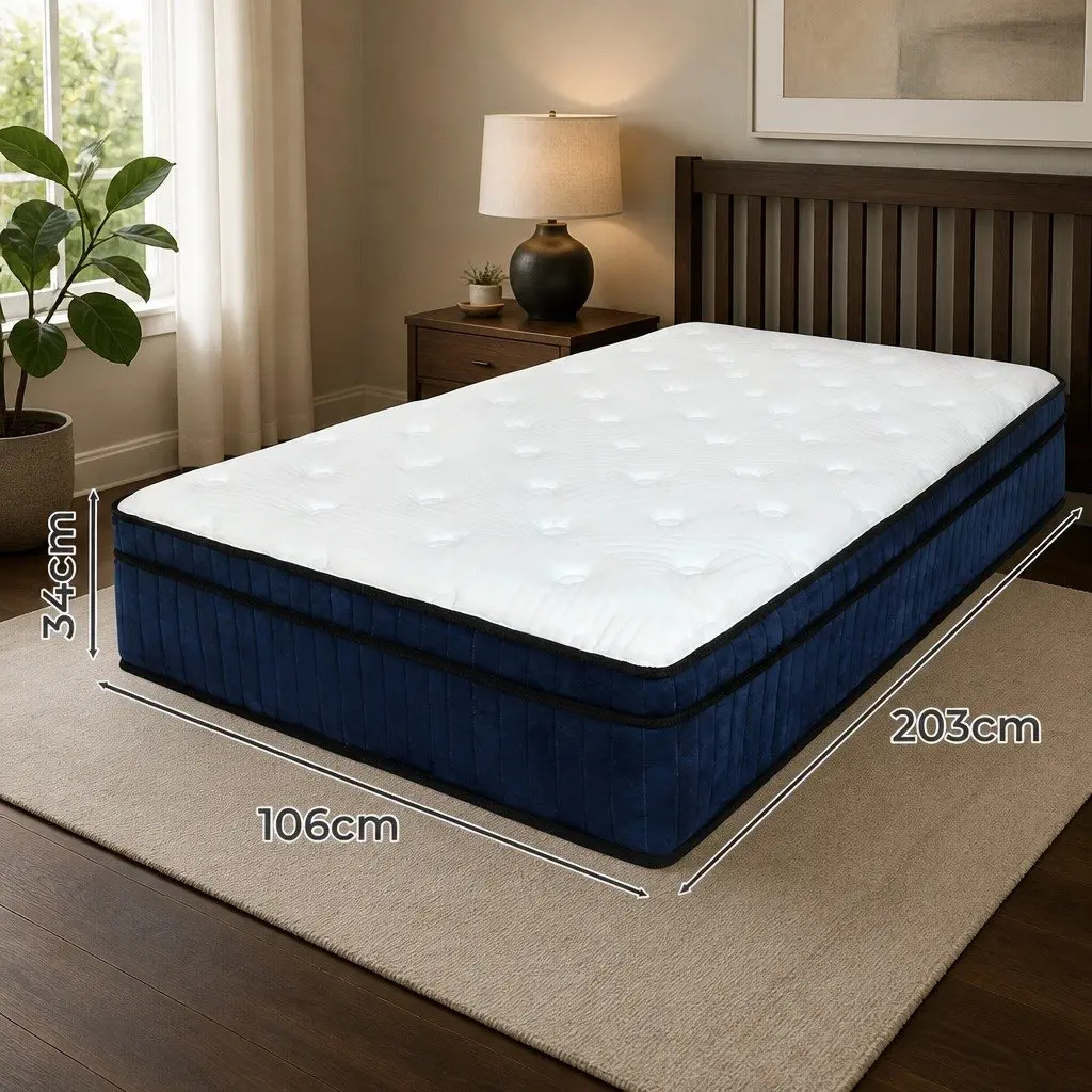 Mattress Hybrid Foam 34cm King Single 7 Zone Pocket Spring Orthopedic Support White Blue