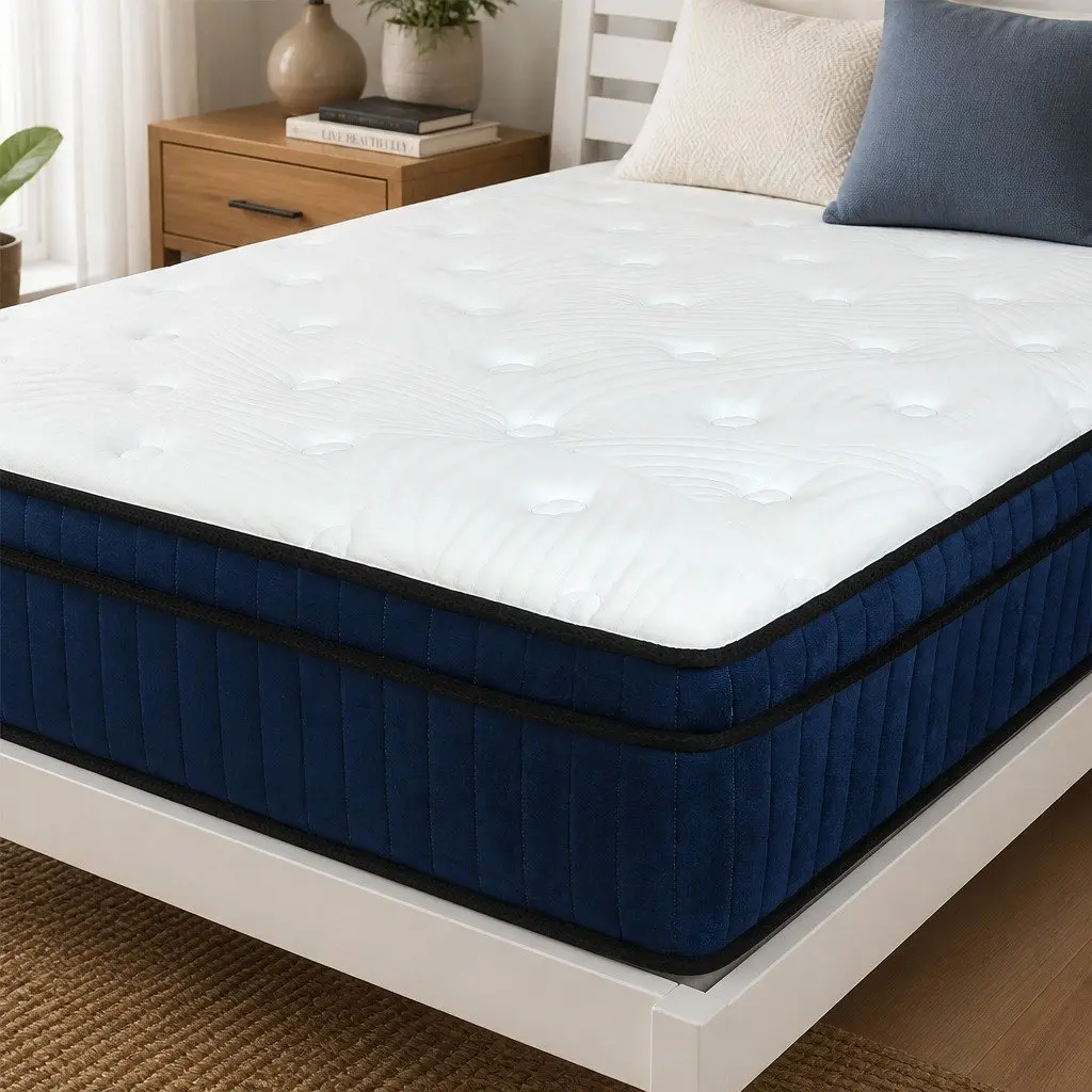Mattress Hybrid Foam 34cm King Single 7 Zone Pocket Spring Orthopedic Support White Blue