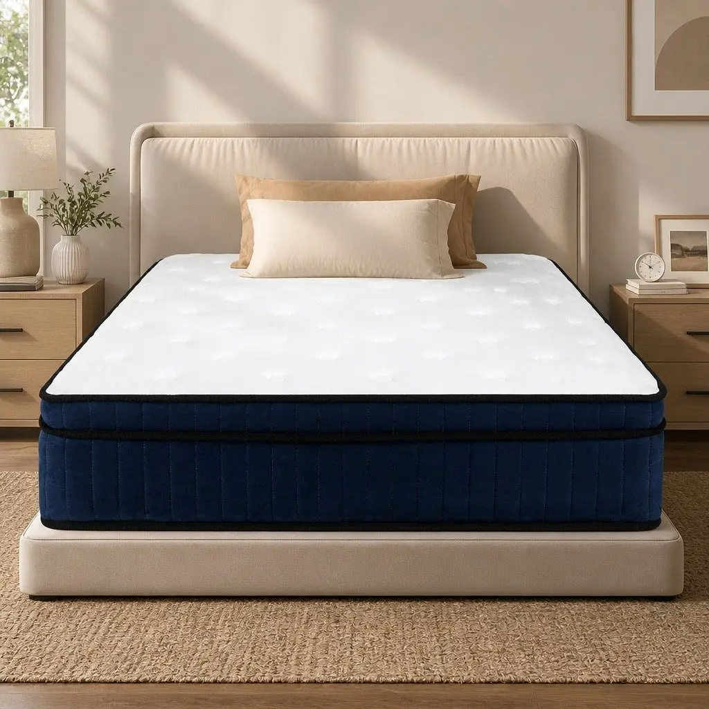 Mattress Hybrid Foam 34cm King Single 7 Zone Pocket Spring Orthopedic Support White Blue