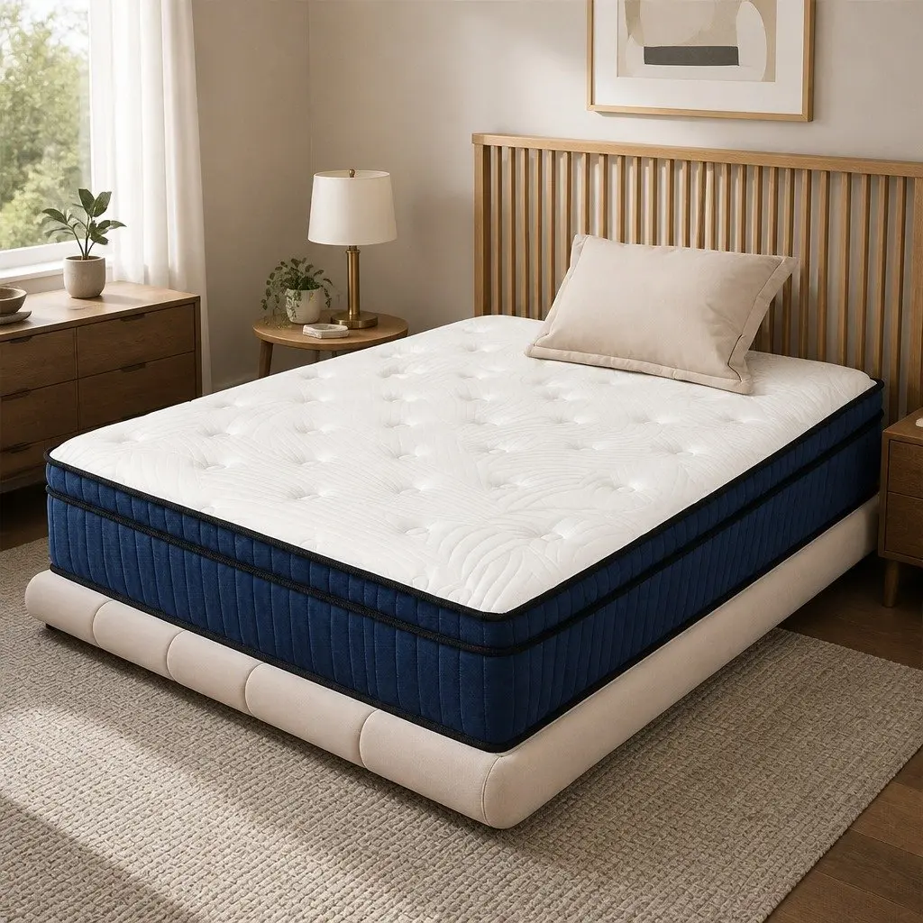 Mattress Hybrid Foam 34cm King Single 7 Zone Pocket Spring Orthopedic Support White Blue