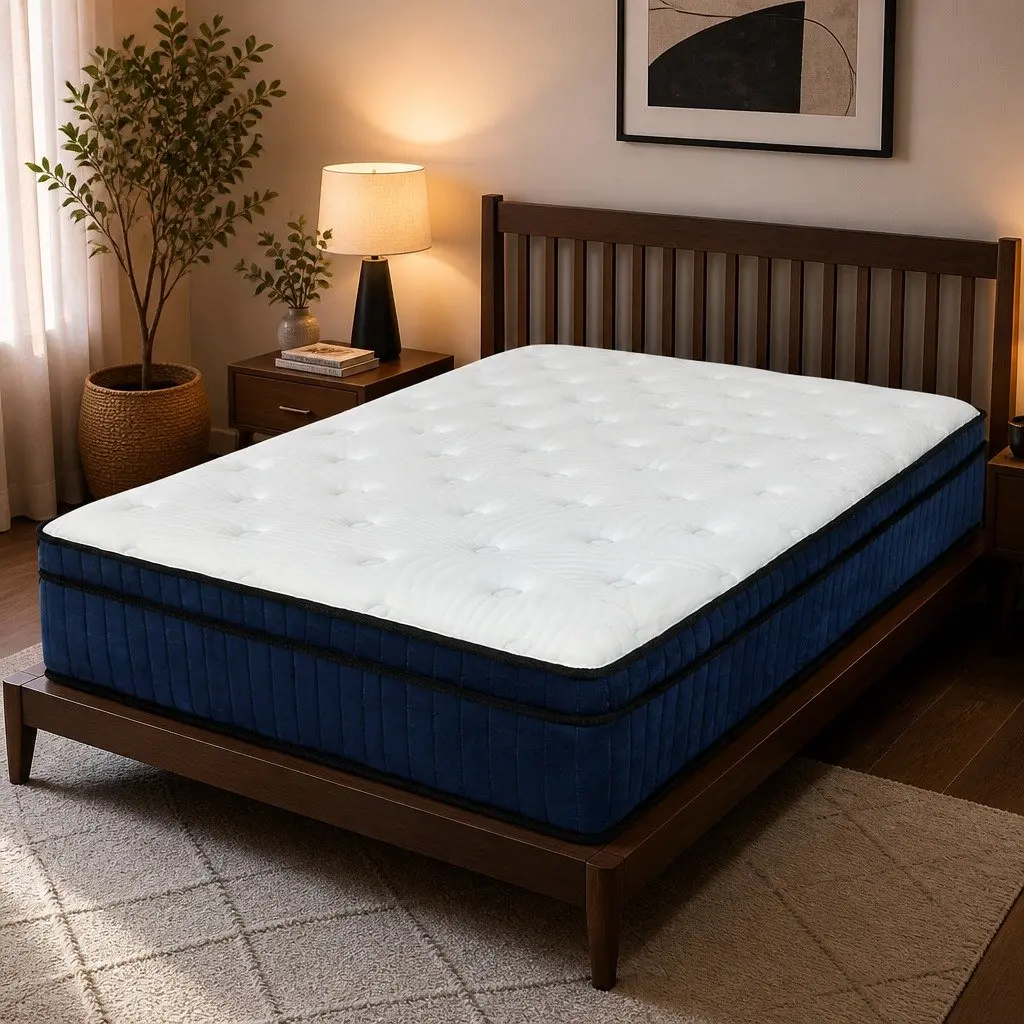 Mattress Hybrid Foam 34cm King Single 7 Zone Pocket Spring Orthopedic Support White Blue