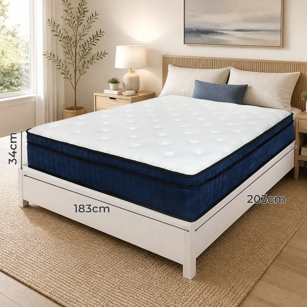King Mattress Hybrid Foam 7 Zone Pocket Spring Medium Firm White and Blue 203cm L x 183cm W x 34cm H
