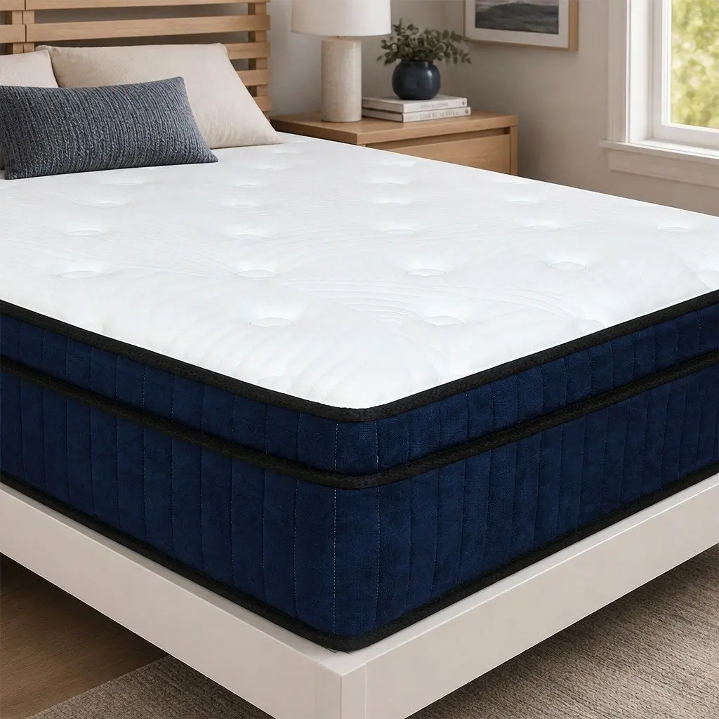 King Mattress Hybrid Foam 7 Zone Pocket Spring Medium Firm White and Blue 203cm L x 183cm W x 34cm H