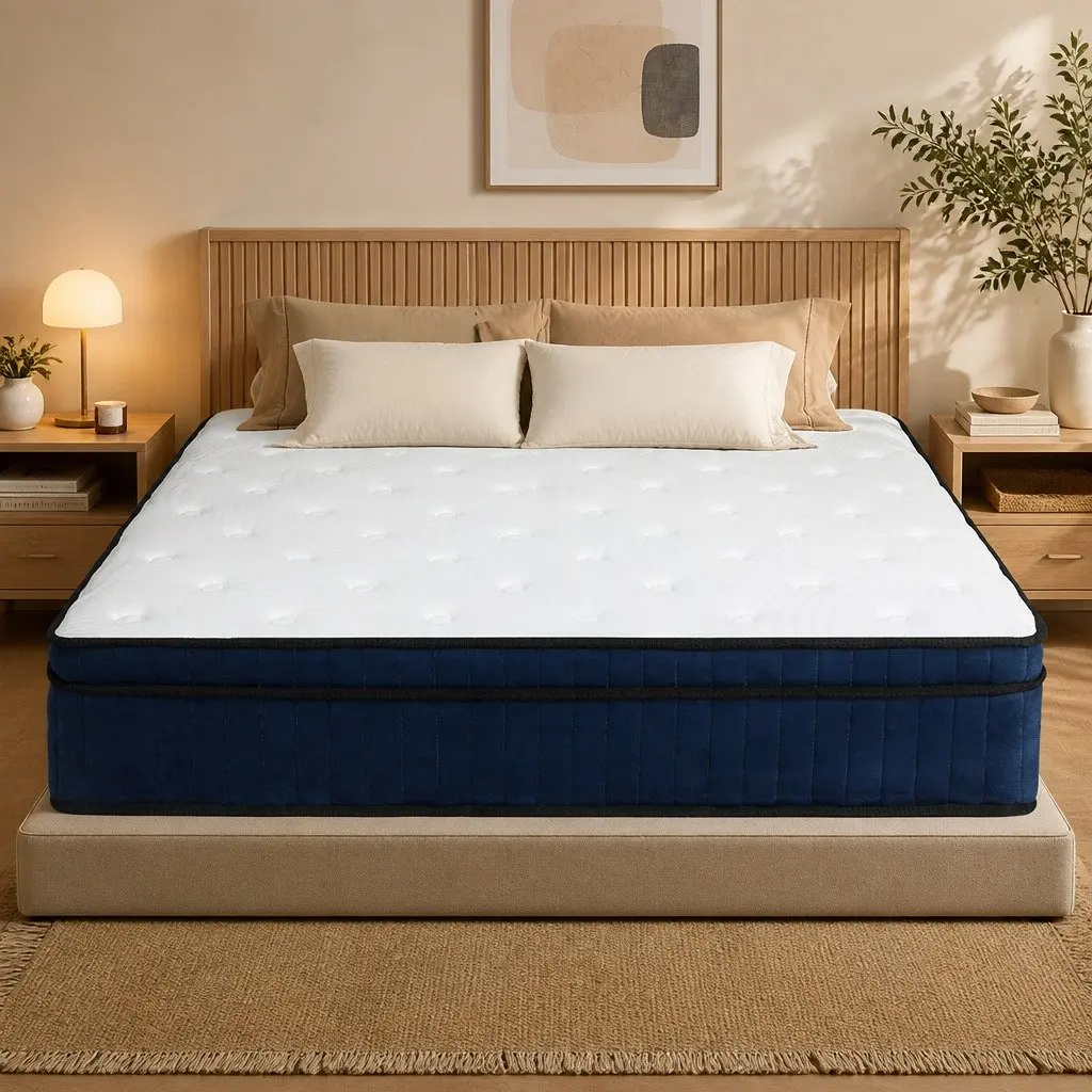 King Mattress Hybrid Foam 7 Zone Pocket Spring Medium Firm White and Blue 203cm L x 183cm W x 34cm H