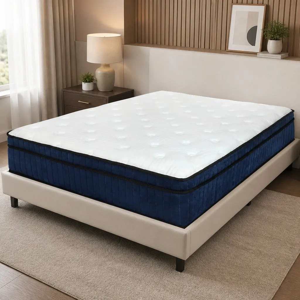 King Mattress Hybrid Foam 7 Zone Pocket Spring Medium Firm White and Blue 203cm L x 183cm W x 34cm H