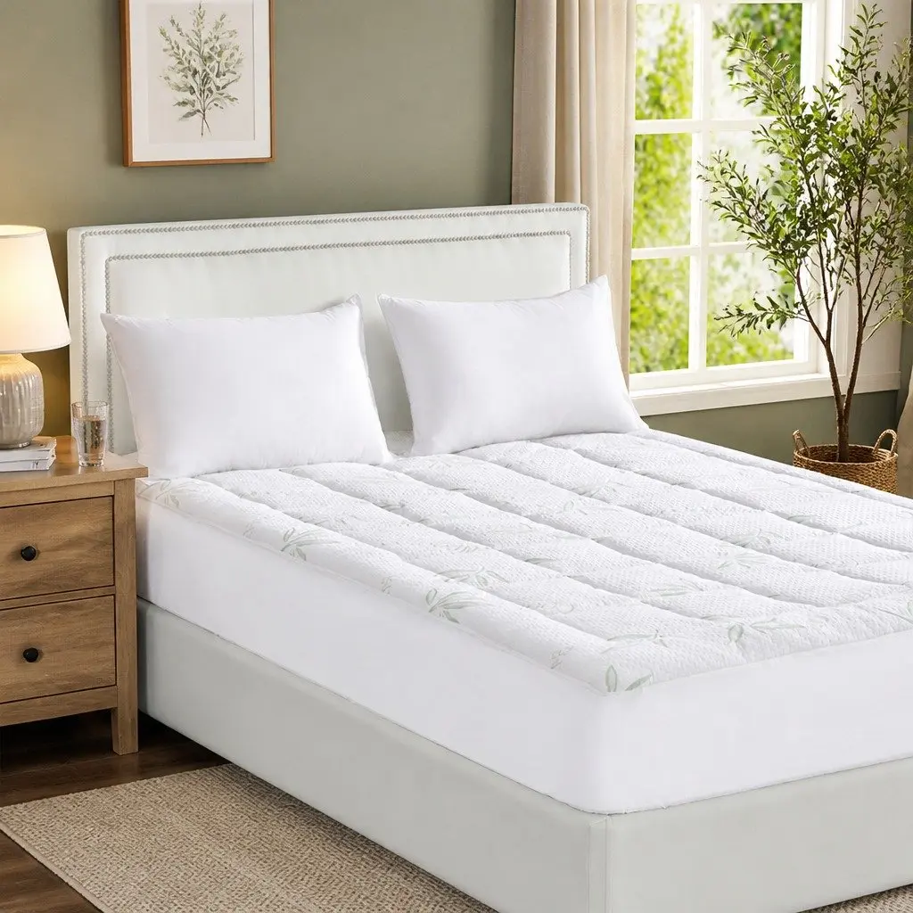 Bamboo Mattress Topper Queen Size Fitted Cooling White