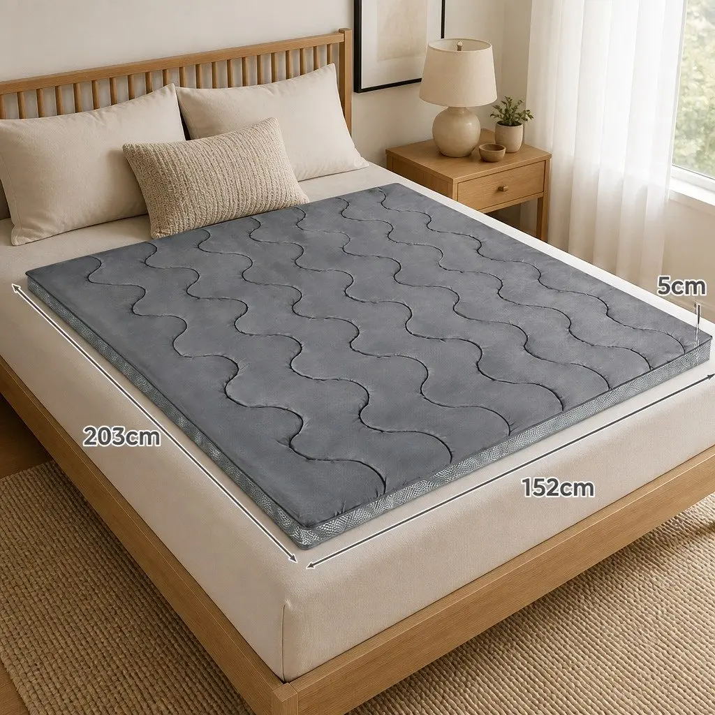 Queen Mattress Topper Microfibre Bamboo Charcoal 5cm Thick Padded Breathable Charcoal Grey