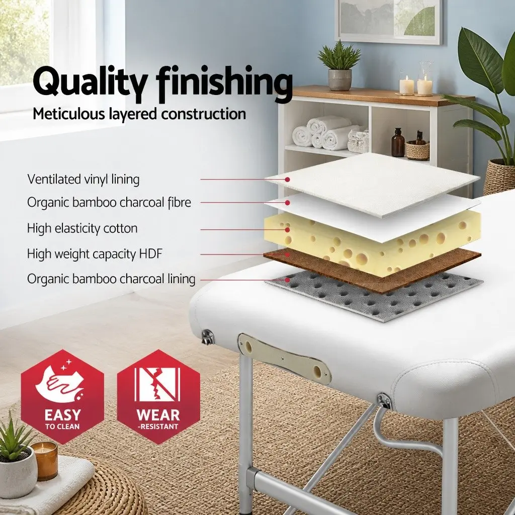 Massage Table Aluminium 75cm White Portable 2 Fold Adjustable Height