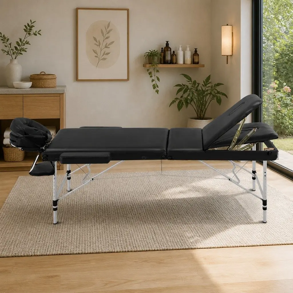 Aluminium Portable Massage Table Black 60cm 3 Fold Lightweight Therapy Bed