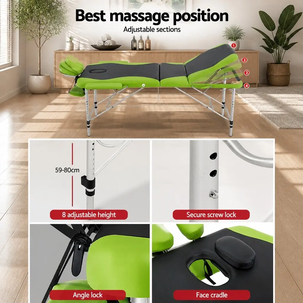 Massage Table Aluminium 75cm Portable 3 Fold Adjustable Height Black Green