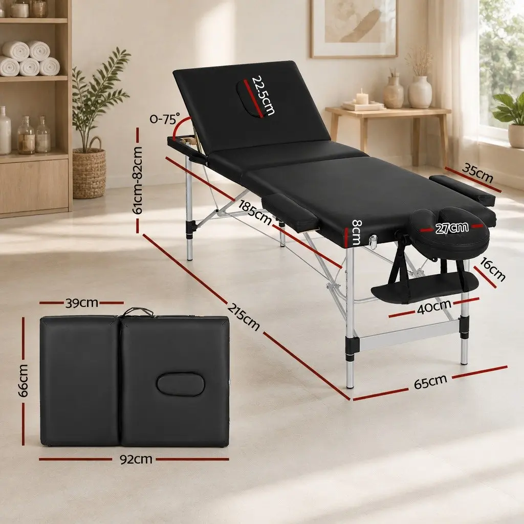 Massage Table Vinyl 65cm Portable Black Adjustable Height 3 Fold